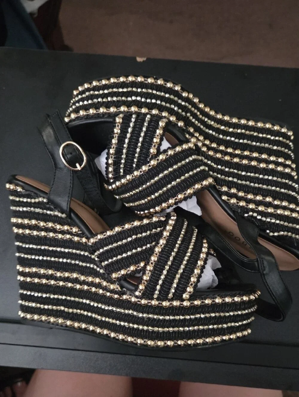 BAMBOO Black and Gold Beaded Crisscross Platform Sandals - Strappy Ankle Buckle
